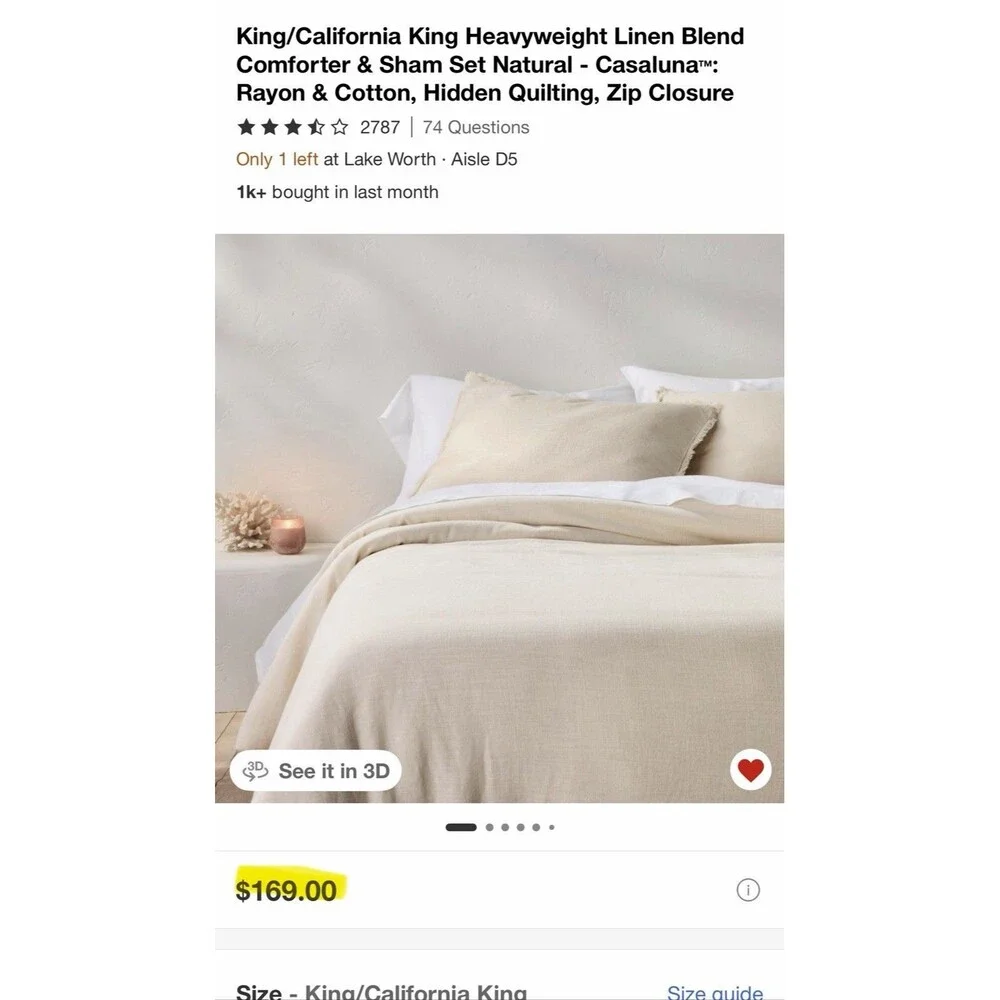 King/California King Heavyweight Linen Blend Comforter & Sham Set Natural NEW